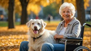 ai gerado idosos mulher dentro uma cadeira de rodas com uma cachorro lado de fora dentro a parque foto