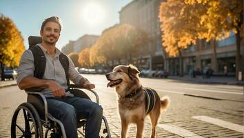 ai gerado homem dentro uma cadeira de rodas com uma cachorro em a rua foto