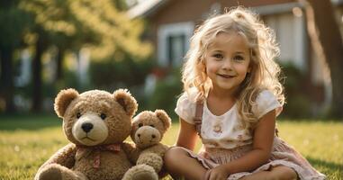 ai gerado pequeno menina com uma Urso de pelúcia Urso dentro natureza contra a fundo do uma casa foto