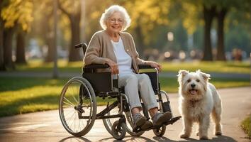 ai gerado idosos mulher dentro uma cadeira de rodas com uma cachorro lado de fora dentro a parque foto