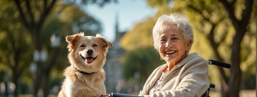 ai gerado idosos mulher dentro uma cadeira de rodas com uma cachorro lado de fora dentro a parque foto