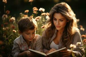ai gerado mãe e crianças perdido dentro uma livro dentro uma campo do dourado flores silvestres, livro fotografia foto