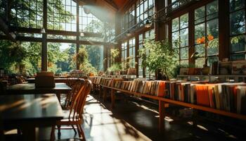 ai gerado uma iluminado pelo sol biblioteca preenchidas com livros e cordialidade, educacional cenário foto