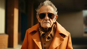 ai gerado Senior homem exalando estilo dentro Preto oculos de sol, ativo idosos estilo de vida imagens foto