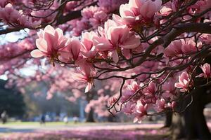 ai gerado magnólias flores abaixo a antigo árvore, Primavera fotografia foto