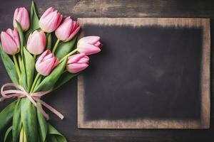 ai gerado uma festivo quadro-negro adornado com tulipas e uma surpresa presente, diverso Educação e professores dia imagem foto