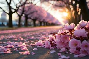 ai gerado nascer do sol Flor campo manhã Sol em Rosa pétalas, lindo nascer do sol imagem foto