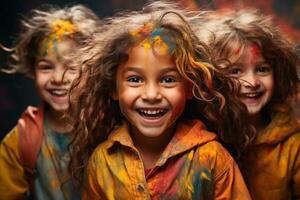 ai gerado crianças abraçando holi vibrante cores, holi festival imagem baixar foto