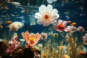 ai gerado submerso flores em meio a cristal Claro lagoa vida, Primavera fotografia foto