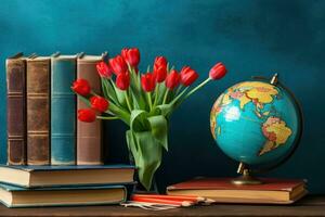 ai gerado uma fascinante livro cercado de vibrante vermelho tulipas e uma globo, diverso Educação e professores dia imagem foto