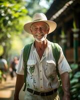 ai gerado uma homem anda em a caminho, ativo idosos estilo de vida imagens foto