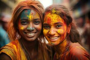 ai gerado colorida mulheres adornado dentro brilhante holi pintar, holi festival imagens hd foto