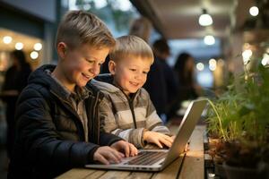 ai gerado crianças com laptops assistindo animado conteúdo juntos desfrutando uma Diversão e educacional experiência, diverso Educação e professores dia imagem foto