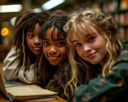 ai gerado sorridente grupo inclina-se em computador portátil dentro a esvaziar escola biblioteca, Educação As fotos para local na rede Internet