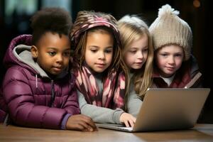 ai gerado quatro crianças excitadamente olhar às uma computador portátil tela explorando a maravilhas do tecnologia juntos dentro uma compartilhado momento do curiosidade e aprendizado, educacional cenário foto