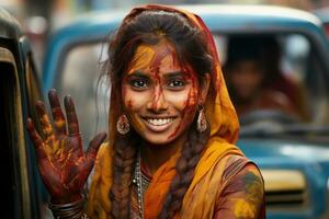 ai gerado mulher exibindo holi pintado mãos em indiano ruas, holi festival imagens hd foto