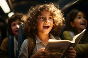 ai gerado rostos preenchidas com alegria Como crianças se empenhar dentro lendo durante a emocionante escola ônibus aventura, livro fotos hd