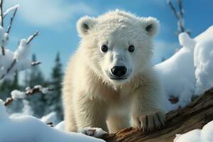ai gerado uma jovem polar Urso ártico aventura do curiosidade e exploração, ir verde imagens foto