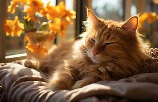 ai gerado fofa gato enrolado acima em cama desfrutando uma acolhedor sesta dentro uma caloroso e confortável ambiente, animal foto