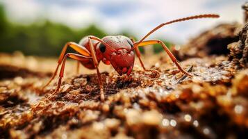 ai gerado foto do vermelho importado fogo formiga em uma chão. generativo ai