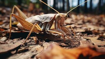 ai gerado foto do morto folha louva a Deus em uma chão. generativo ai