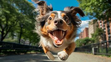 ai gerado foto do uma feliz cachorro jogando buscar dentro uma vibrante urbano. generativo ai