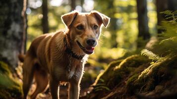 ai gerado foto do a aventureiro cachorro explorando uma denso floresta. generativo ai