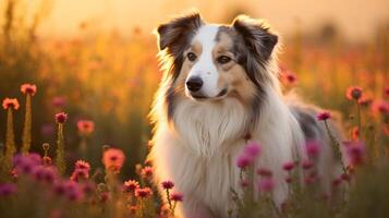 ai gerado foto do uma régio cachorro posando dentro uma campo do flores silvestres. generativo ai