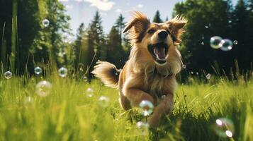 ai gerado foto do uma brincalhão cachorro perseguindo bolhas dentro uma exuberante verde. generativo ai