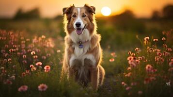 ai gerado foto do uma régio cachorro posando dentro uma campo do flores silvestres. generativo ai