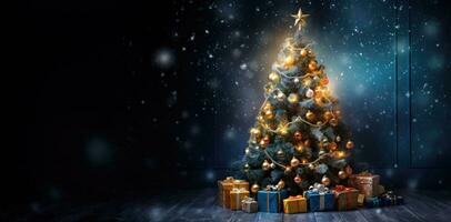ai gerado bandeira. decorado Natal árvore em uma borrado Sombrio azul fundo, com borrão efeito. cópia de colar, cópia de espaço para texto. foto