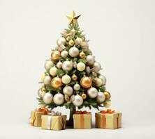 ai gerado Natal árvore com decorativo enfeites em uma branco fundo. isolado objeto, branco fundo, cortar Fora objeto. foto