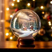 ai gerado inverno panorama com estrada e uma tempestade de neve, abeto casa, dentro uma vidro Natal globo. a fundo é requintado bokeh foto