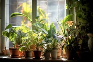 ai gerado verde interior plantas dentro Castanho argila panelas em a velho de madeira janela. fícus, monstera e liana. fechar-se, cópia de colar foto