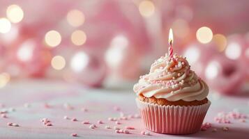 ai gerado aniversário Bolinho com vela em Rosa pastel fundo foto