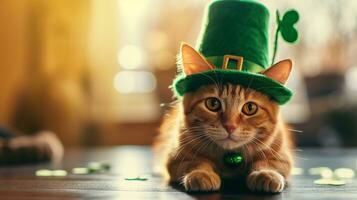 ai gerado fofa gato com duende chapéus, st. patrick's dia foto