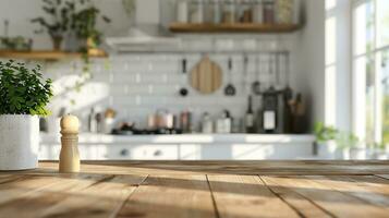 ai gerado moderno branco cozinha bancada, esvaziar espaço, minimalista Projeto foto