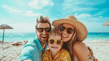 ai gerado feliz família desfrutando de praia férias, azul mar e céu fundo foto