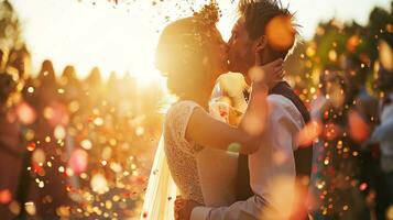 ai gerado romântico ao ar livre Casamento celebração, noiva e do noivo especial dia foto