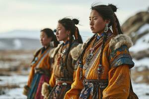ai gerado mulheres dentro nacional mongol vestidos comemoro a branco inverno mês feriado dentro Mongólia, sagagalgan foto