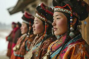 ai gerado mulheres dentro nacional mongol vestidos comemoro a branco inverno mês feriado dentro Mongólia, sagagalgan foto