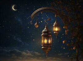 ai gerado Ramadã lanterna com crescente lua em noite céu fundo estoque ilustração foto