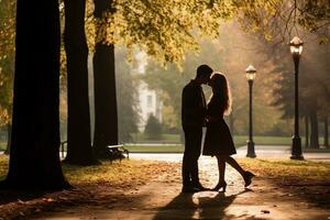 ai gerado casal dentro amor caminhando dentro a parque e se beijando. ai gerado. foto