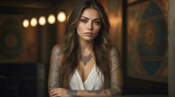 ai gerado retrato do uma mulher com uma corpo cheio do artístico tatuagens foto