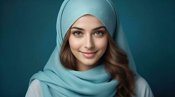 ai gerado lindo muçulmano mulher sorridente e rindo vestindo uma hijab e decorado xaile foto