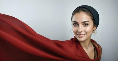 ai gerado lindo muçulmano mulher sorridente e rindo vestindo uma hijab e decorado xaile foto