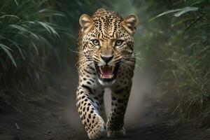 ai gerado de leopardo ataque, realista imagens do selvagem animal ataques foto