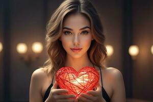 ai gerado celebração para dia dos namorados dia com lindo jovem mulher detém uma vermelho coração dentro dela mãos foto