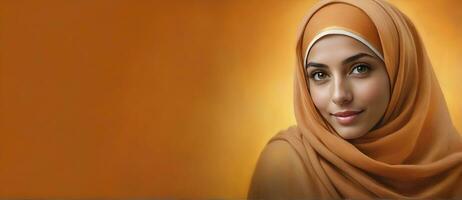 ai gerado lindo muçulmano mulher sorridente e rindo vestindo uma hijab e decorado xaile foto