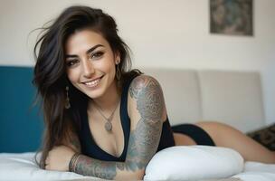 ai gerado retrato do uma mulher com uma corpo cheio do artístico tatuagens foto